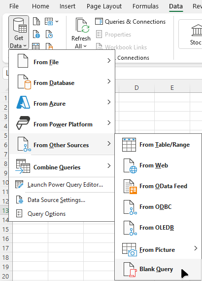 Create Blank Query in Excel