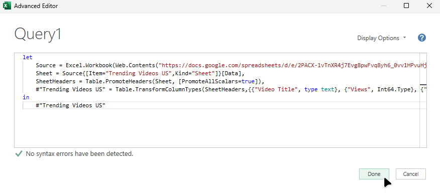 Paste PowerQuery Code